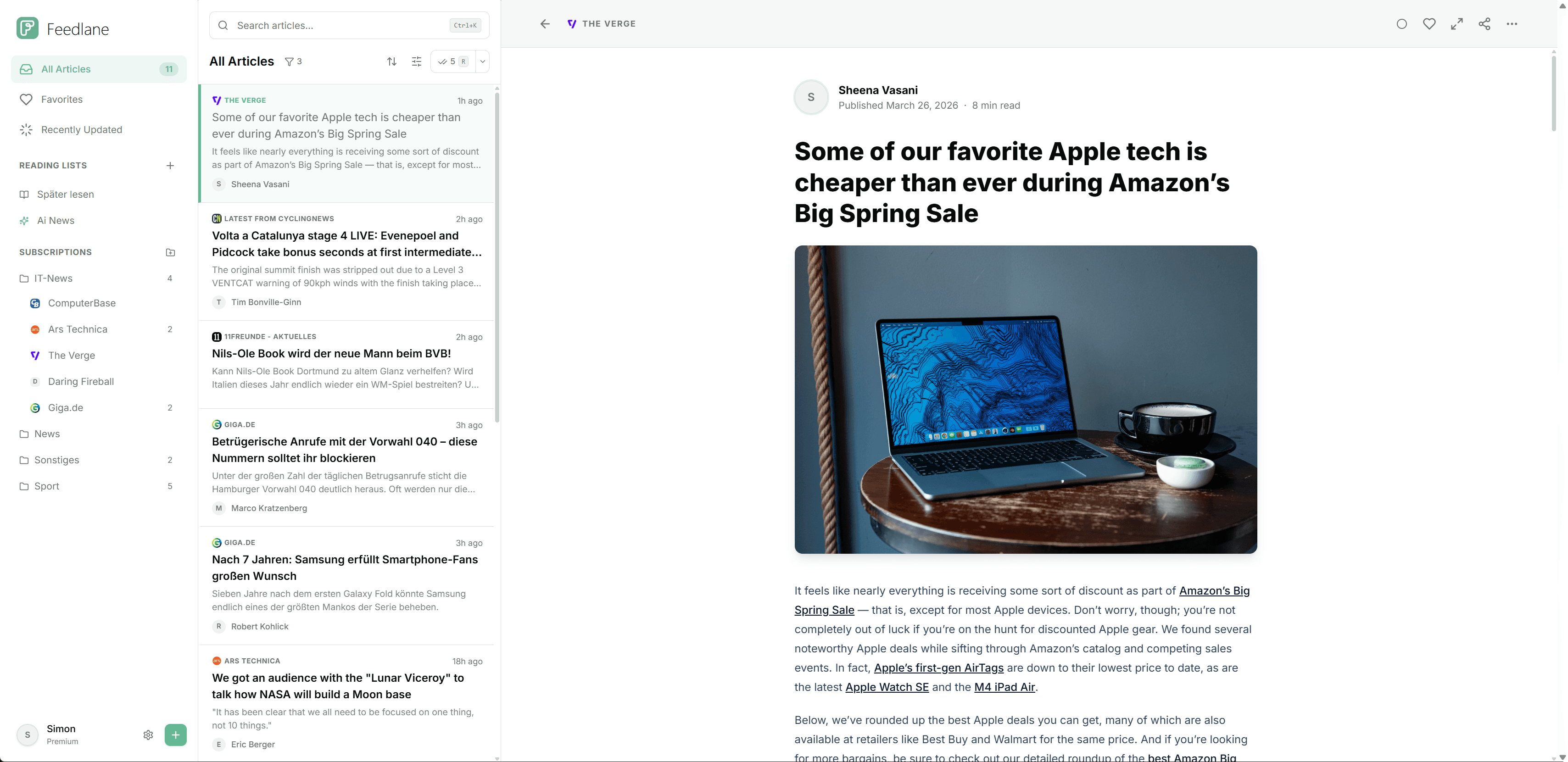 Feedlane RSS reader - article view