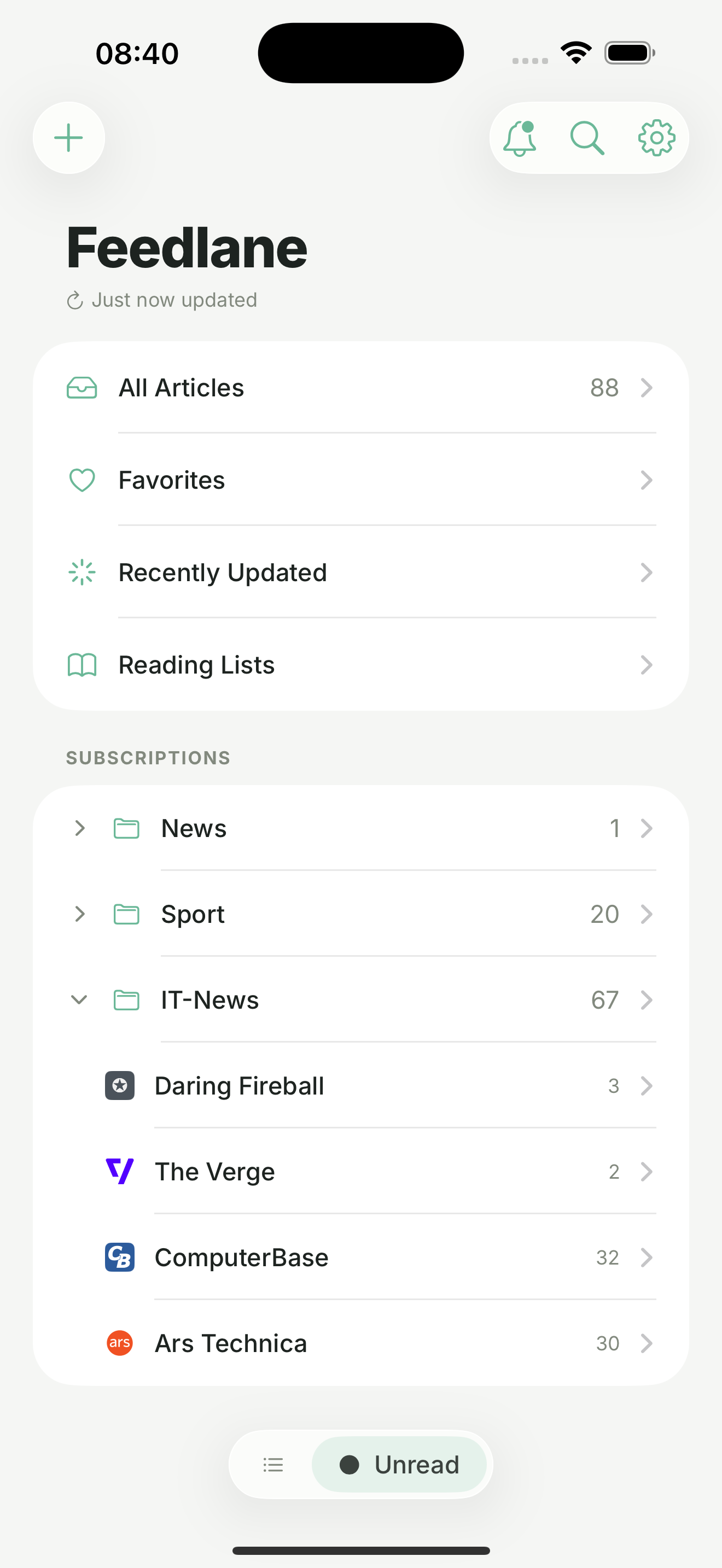 Die Feedlane-iOS-App mit allen Feeds, Ordnern und Leselisten
