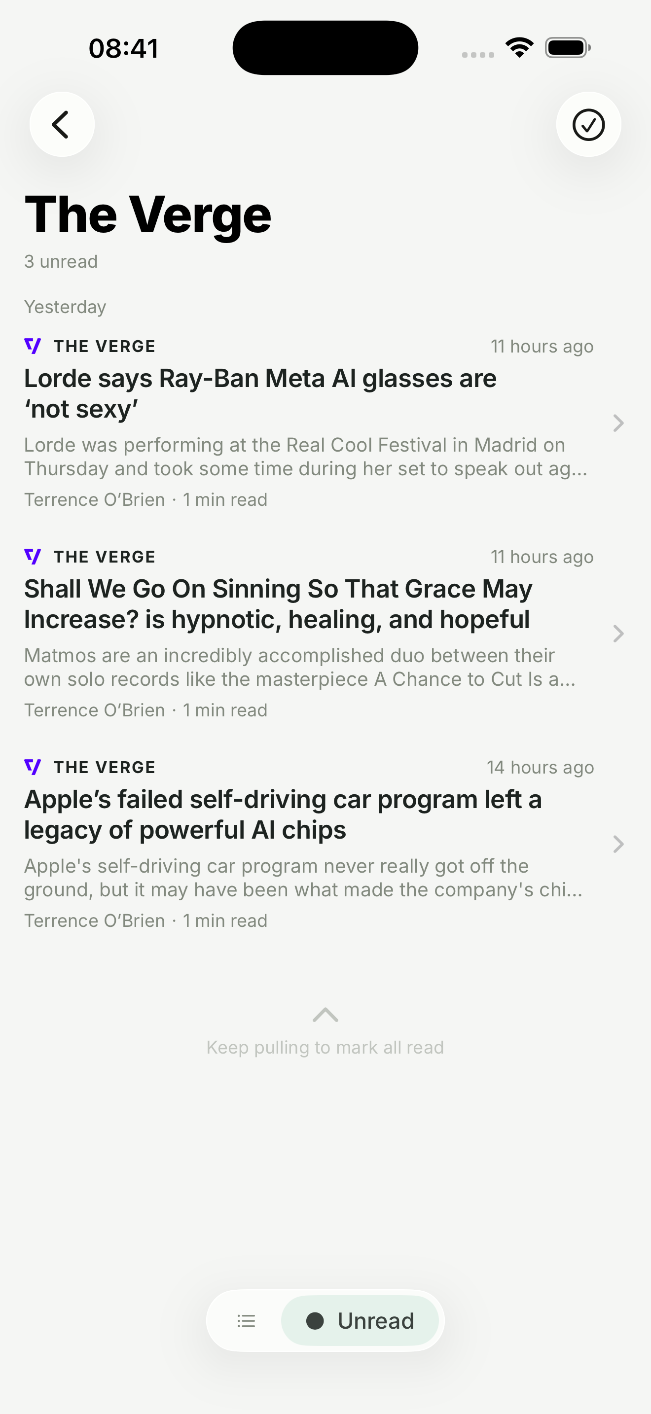 Artikelliste in der Feedlane-iOS-App mit Scroll-to-mark-as-read